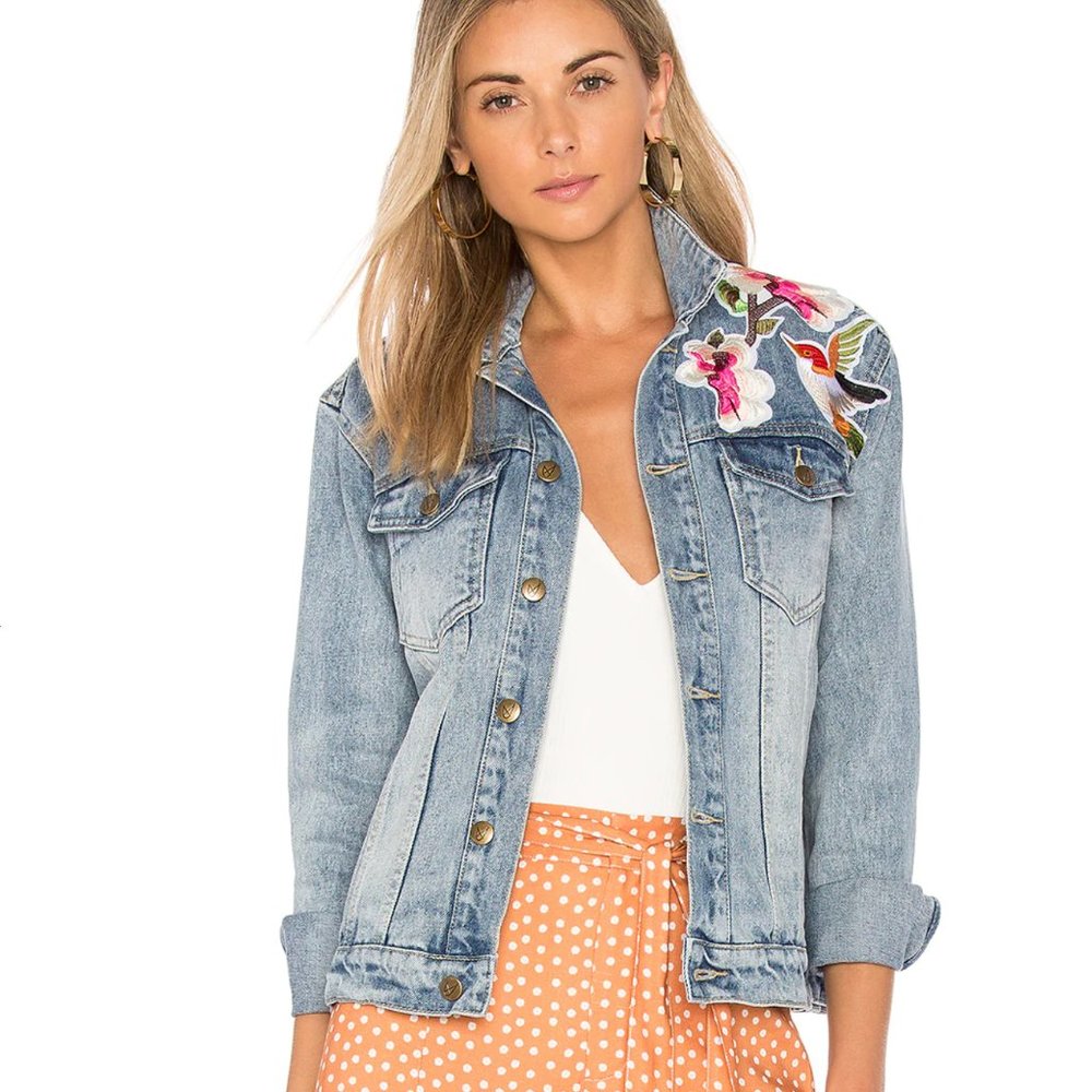 MINKPINK embroidered blossom patch denim jacket